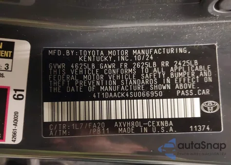 2025 Toyota Camry Le из США, поврежденный, VIN 4T1DAACK4SU066950